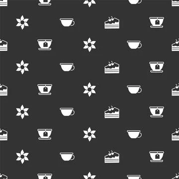 Set Piece of cake, Cup with tea bag, Flower and on seamless pattern. Vector Illustrazione stock