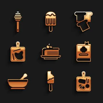 Set Piece of cake, Ice cream, Cutting board, Cookbook, Mortar and pestle, Bread Illustrazione stock