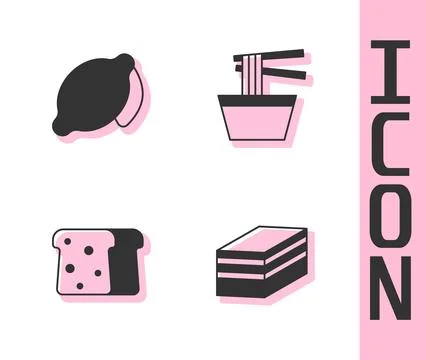 Set Piece of cake, Lemon, Bread toast and Asian noodles in bowl icon. Vector 스톡 일러스트