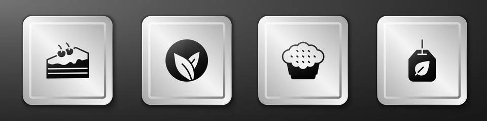 Set Piece of cake, Tea leaf, Muffin and bag with icon. Silver square button.. Stock Illustration