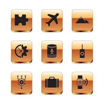 Set Piece of puzzle, Algorithm, Suitcase for travel, Voice assistant, Clock and イラスト素材