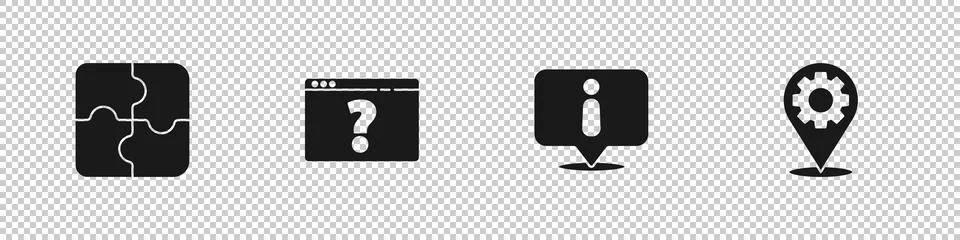 Set Piece of puzzle, Browser with question mark, Information and Location gear Stock Illustration