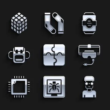 Set Piece of puzzle, Insects in a frame, Nerd geek, Virtual reality glasses Illustrazione stock