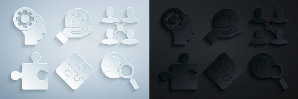 Set Piece of puzzle Project team base Magnifying glass for search people hand Stock Illustration