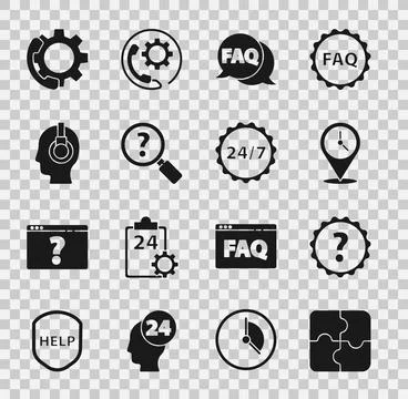 Set Piece of puzzle, Question mark, Location with clock, Speech bubble FAQ, U Stock Illustration