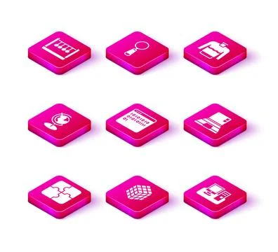 Set Piece of puzzle, Rubik cube, Earth globe, Binary code, Monitor with key.. Stock Illustration