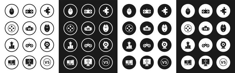 Set Piece of puzzle, Virtual reality glasses, Gamepad, Computer mouse gaming Illustrazione stock