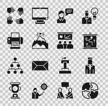 Set Piece of puzzle, Worker, Planning strategy concept, Speech bubble chat,.. Stock Illustration