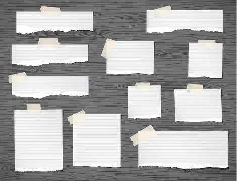 Set of pieces ripped white notebook paper are sticked on dark wooden wall or Stock Illustration