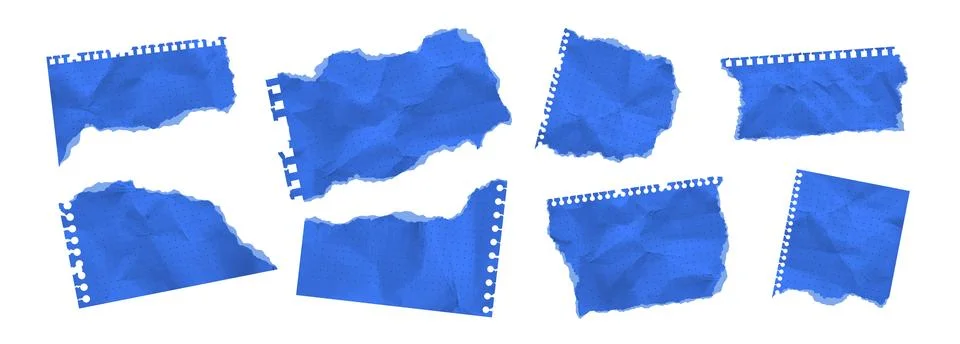 Set of pieces of torn note paper with polka dot grid. Blue crumpled notebook Stock Illustration