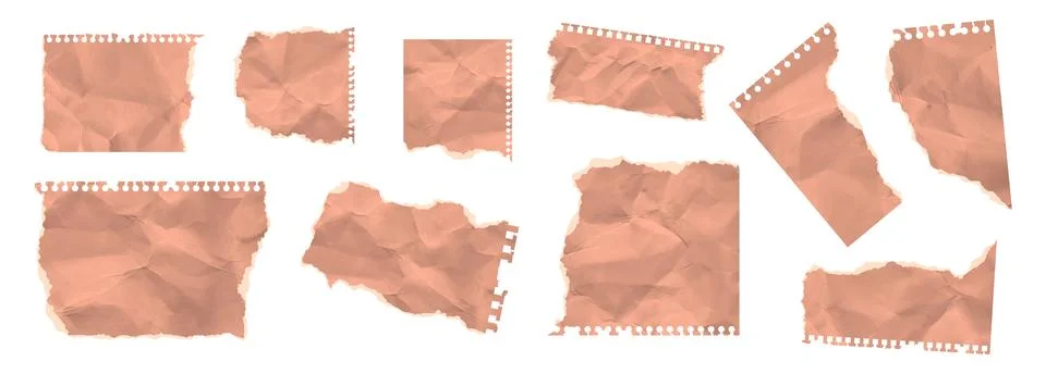 Set of pieces of torn note paper. Colored tan crumpled notebook newspaper sheet Illustrazione stock