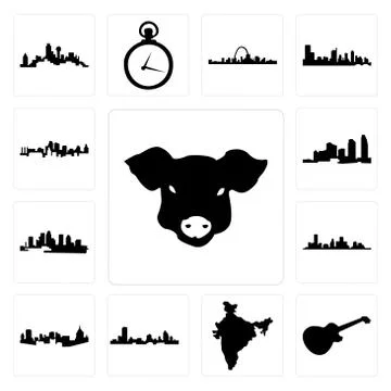 Set of pig face, image les paul, india map, wisconsin, pittsburgh skyline, ho Free Stock Illustration
