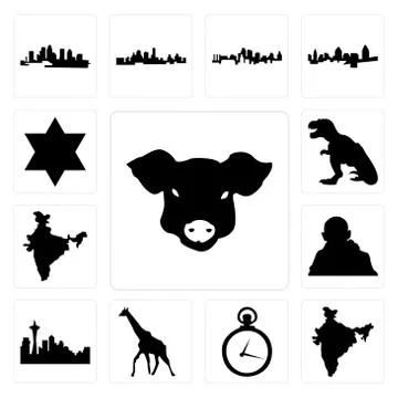 Set of pig face, india map, pocket watch, giraffe, seattle skyline on white b Free Stock Illustration