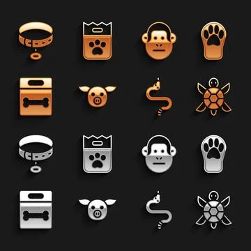 Set Pig, Paw print, Turtle, Snake, Dog bone, Monkey, Collar with name tag and Stock Illustration