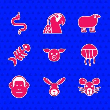 Set Pig, Rabbit head, Rat, Jellyfish, Monkey, Fish skeleton, Sheep and Snake Stock Illustration