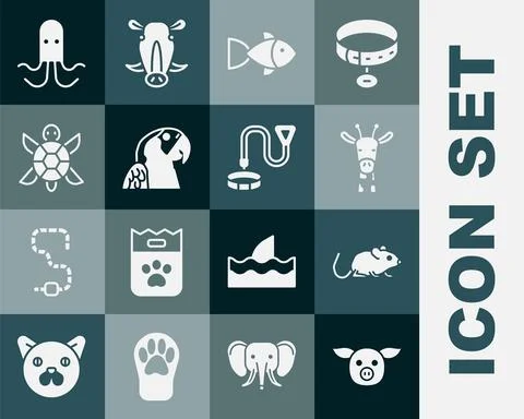 Set Pig, Rat, Giraffe head, Fish, Macaw parrot, Turtle, Octopus and Collar with Stockillustratie