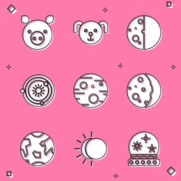 Set Pig zodiac, Dog, Eclipse of the sun, Solar system, Planet Mars, Earth and 스톡 일러스트
