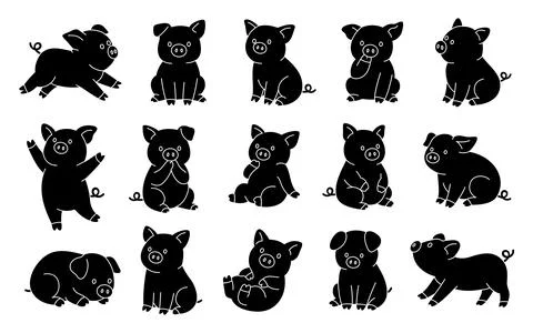 Set of piglet silhouettes in various poses. Black pig vector icons collection Stock Illustration