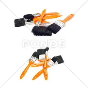 Set of Pile of Paint brushes over isolated white background Stock Photos