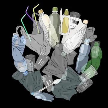Set of pile of plastic trash and straws isolate Stock Illustration
