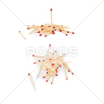 Set of Pile of Wooden matches isolated over the white background Stock Photos