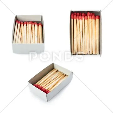 Set of Pile of Wooden matches isolated over the white background Stock Photos
