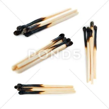 Set of Pile of Wooden matches isolated over the white background Stock Photos