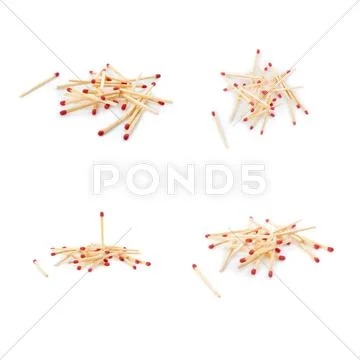 Set of Pile of Wooden matches isolated over the white background Stock Photos