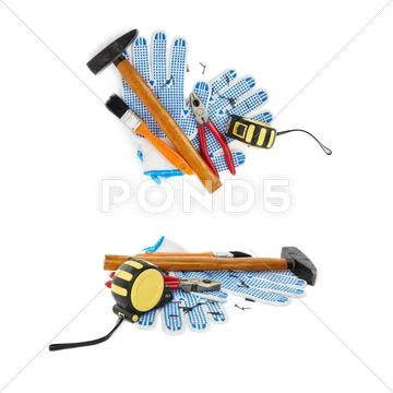 Set of Pile of working tools over isolated white background Stock Photos