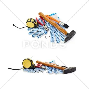 Set of Pile of working tools over isolated white background Stock Photos