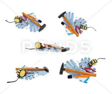 Set of Pile of working tools over isolated white background Stock Photos