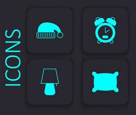 Set Pillow, Sleeping hat, Alarm clock and Table lamp icon. Black square button Stock Illustration
