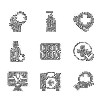 Set Pills in blister pack, First aid kit, Cross hospital medical, Monitor with Stock Illustration