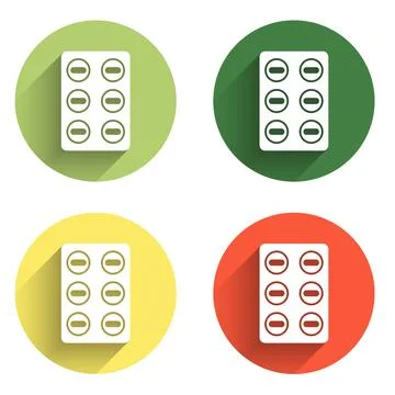 Set Pills in blister pack icon isolated with long shadow background. Medica.. Stock Illustration