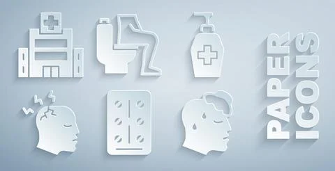 Set Pills in blister pack, Liquid antibacterial soap, Man having headache, High Stock Illustration