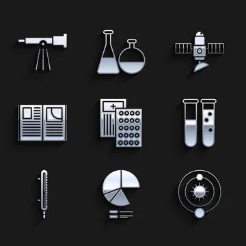 Set Pills in blister pack, Pie chart infographic, Solar system, Test tube and 스톡 일러스트