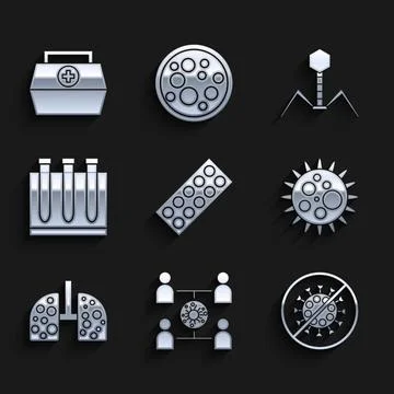 Set Pills in blister pack, Virus spread, Stop virus, cells lung, Blood test.. Stock Illustration