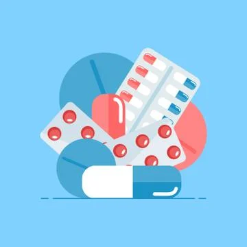 Set of pills on a blue background Stock Illustration