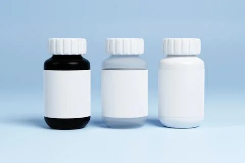 Set of pills jars with blank label and white with black isolated on blue back Stock Illustration