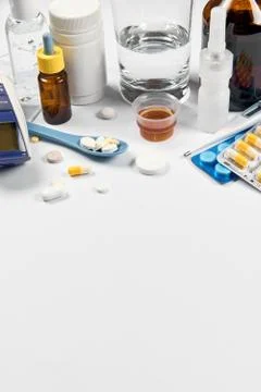 Set of pills, tablets - coronavirus, flu, cold health care, on white background Stock Photos