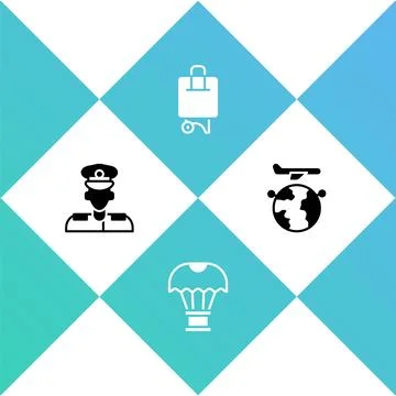 Set Pilot, Box flying on parachute, Suitcase and Globe with plane icon. Vector Illustrazione stock