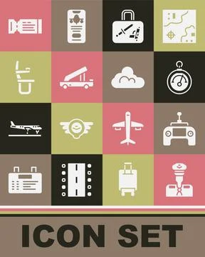 Set Pilot, Drone remote control, Barometer, Suitcase, Passenger ladder, Airplane Stock Illustration