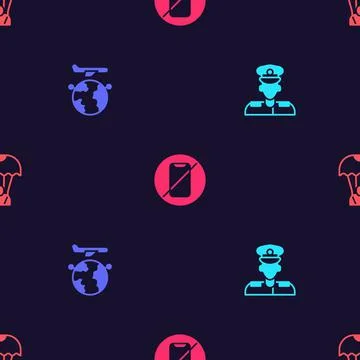 Set Pilot, Globe with flying plane, No cell phone and Parachute on seamless Illustrazione stock