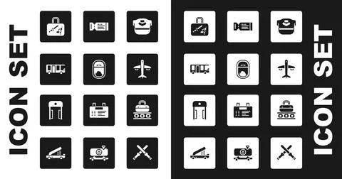 Set Pilot hat, Airplane window, Airport bus, Suitcase, Plane, Airline ticket Stock Illustration