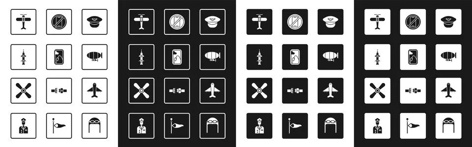 Set Pilot hat, Airplane window, Rocket, Plane, Airship, No cell phone, and Stock Illustration