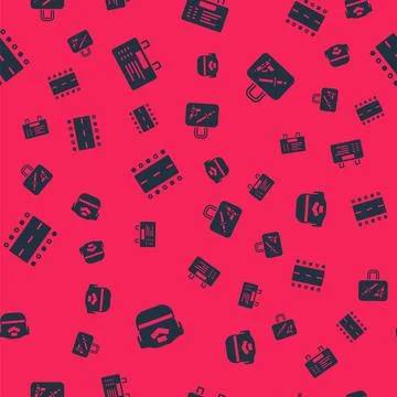 Set Pilot hat, Airport board, runway and Suitcase on seamless pattern. Vector Stock-Illustration