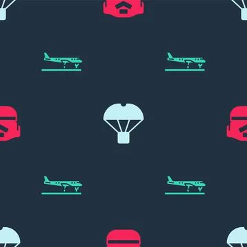 Set Pilot hat, Box flying on parachute and Plane on seamless pattern. Vector Stock Illustration