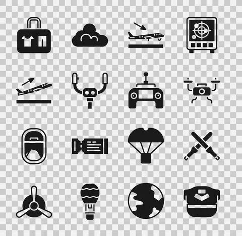 Set Pilot hat, Marshalling wands, Drone flying, Plane landing, Aircraft steering 库存插图