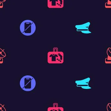 Set Pilot hat, No cell phone, Suitcase and Radar on seamless pattern. Vector 스톡 일러스트