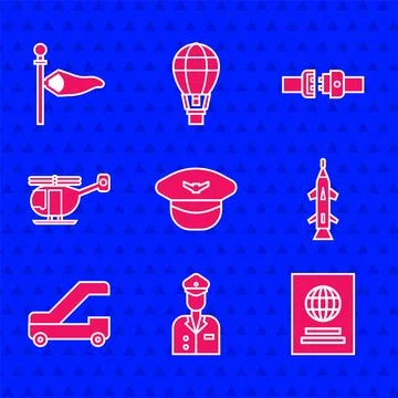 Set Pilot hat, Passport, Rocket, Passenger ladder for plane boarding, Helicopter Illustrazione stock